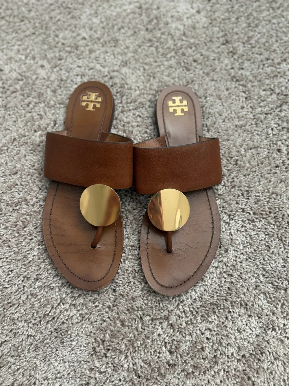 Tory Burch Chestnut Leather Slide with Gold Logo Disc